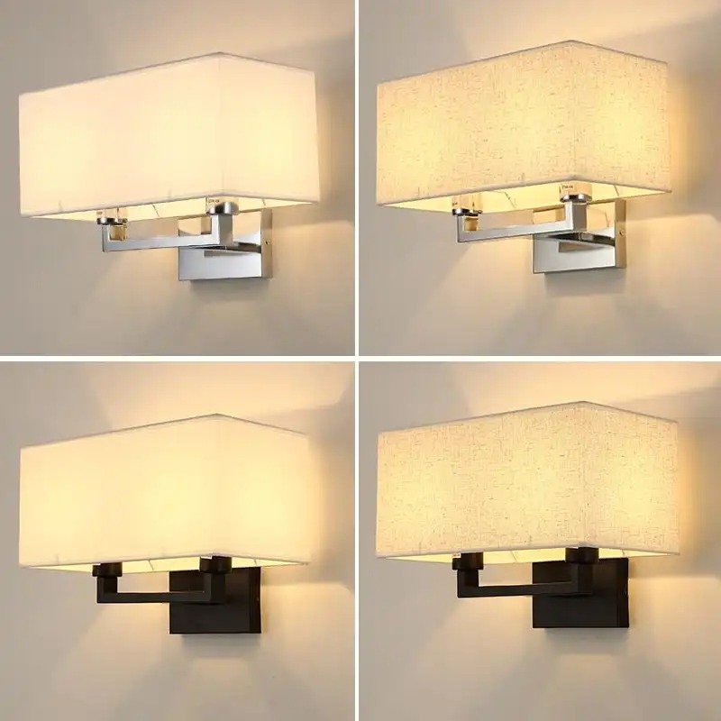 simple led fabric lampshade e27 double headed wall lamp for bedroom bedside headlight indoor home decoration lighting fixture