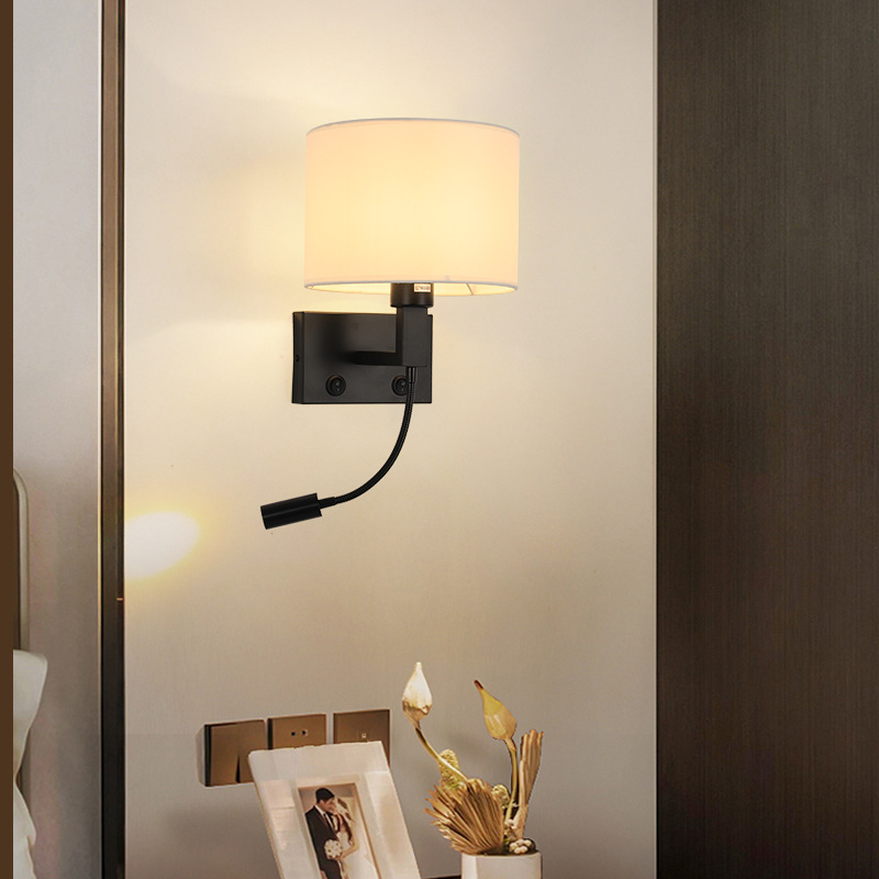 led wall lamp round fabric lampshade with 360° rotation spotlight reading light modern wall sconce for bedroom bedside hotel