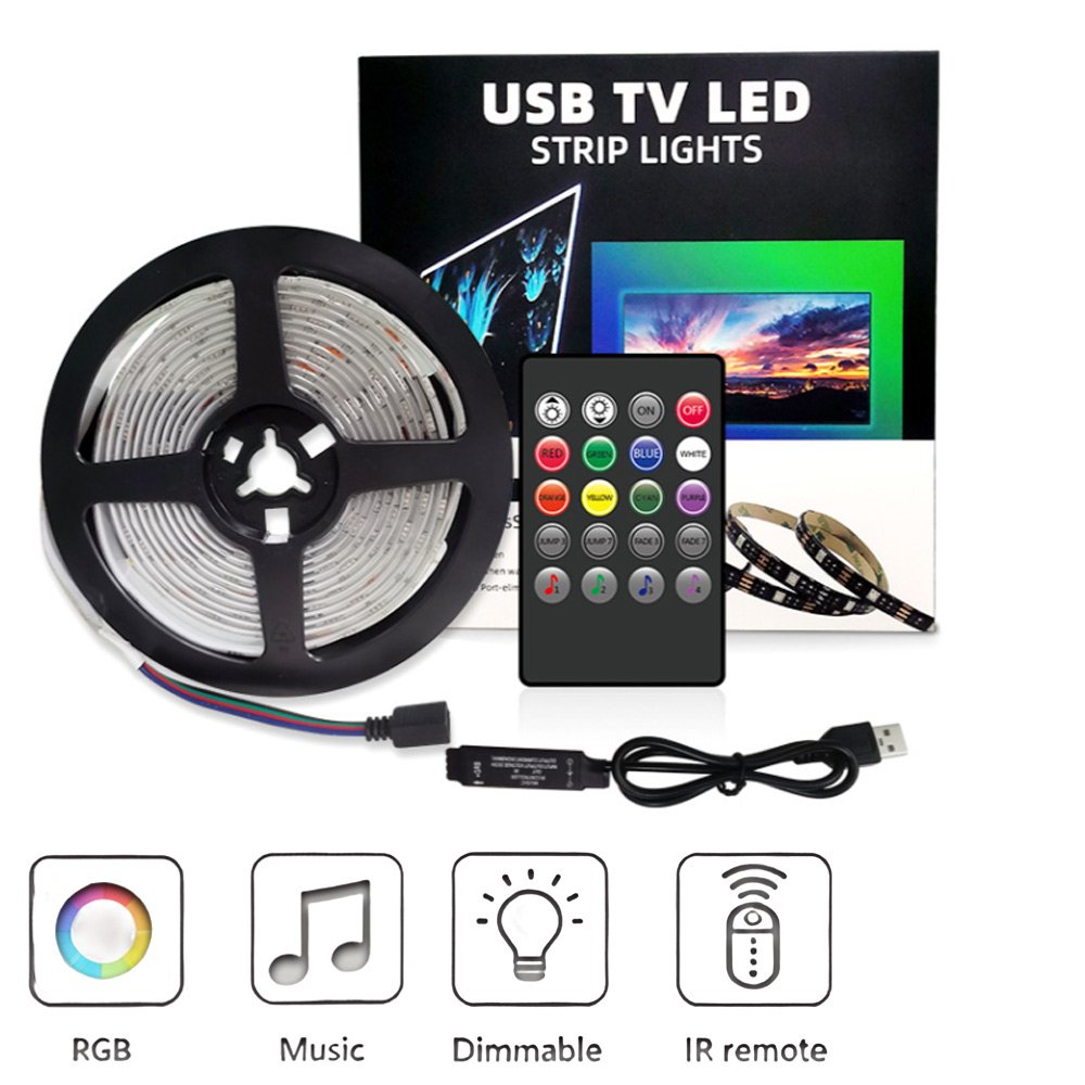 led strip light with remote control, tv backlight, music sync rgb 5050 tape ribbon for tv pc background decor, room wall party