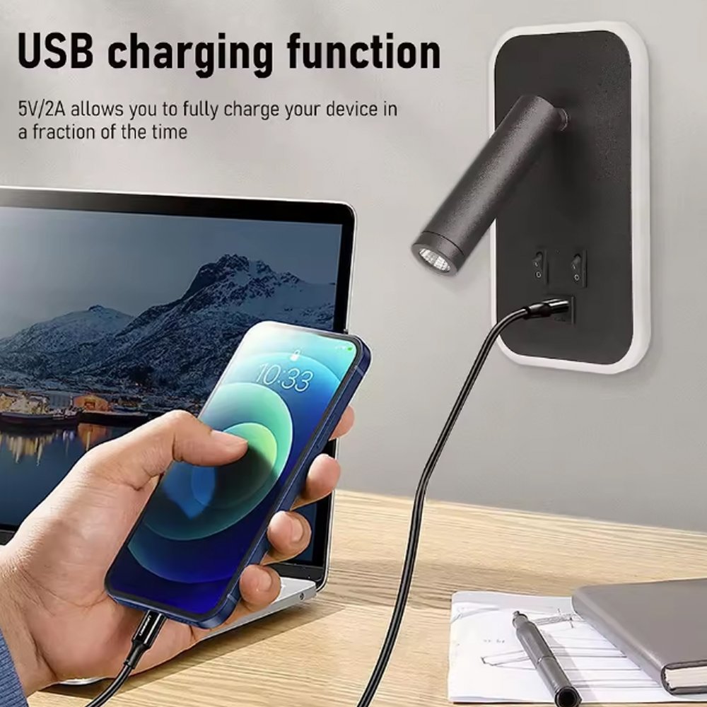 led wall lamp with usb type c charging ports ambient backlight rotatable reading spotlight bedside bedroom hotel wall sconce
